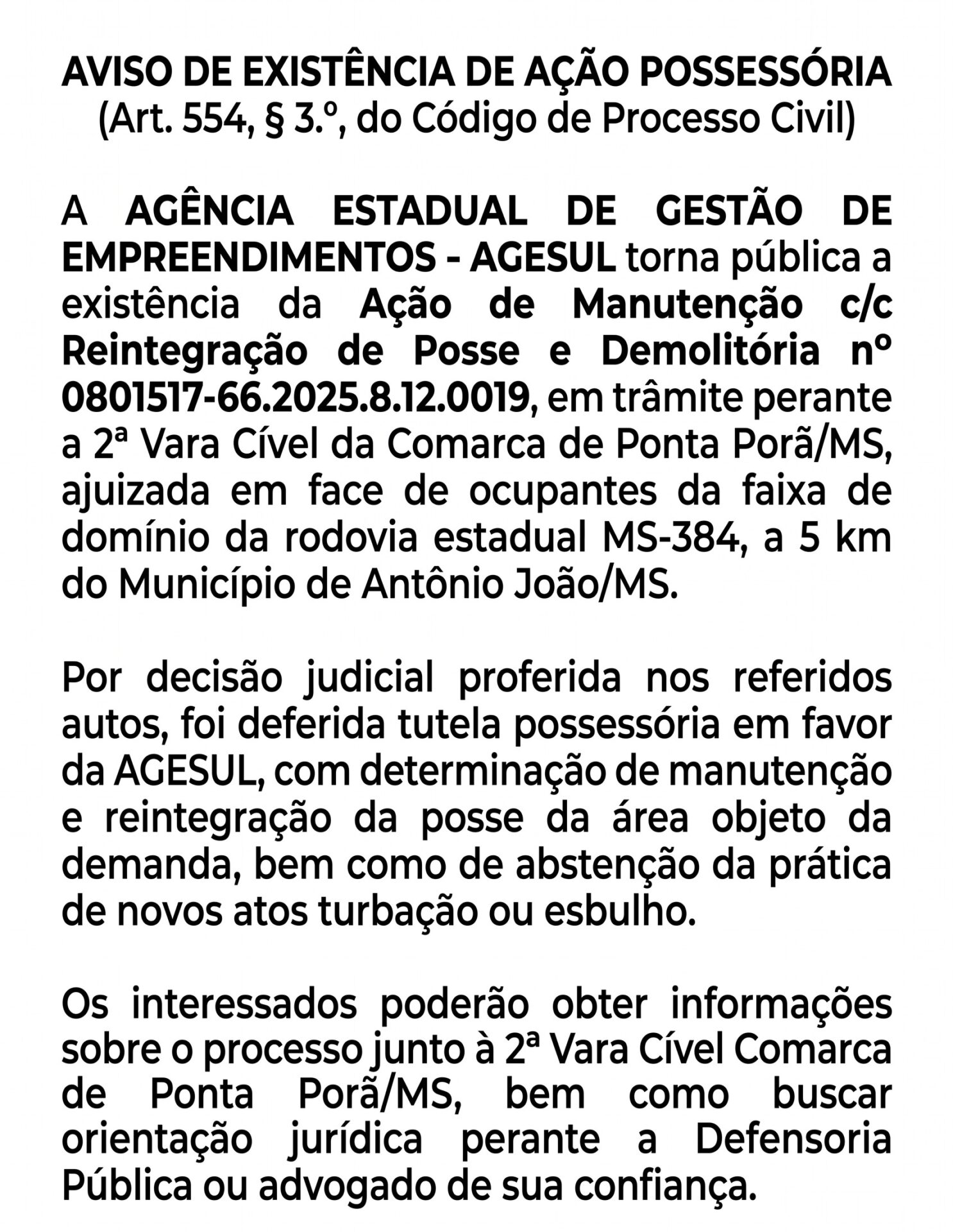 determinação judicial de reintegração de posse na MS-384, em Antônio João – Agência de Noticias do Governo de Mato Grosso do Sul